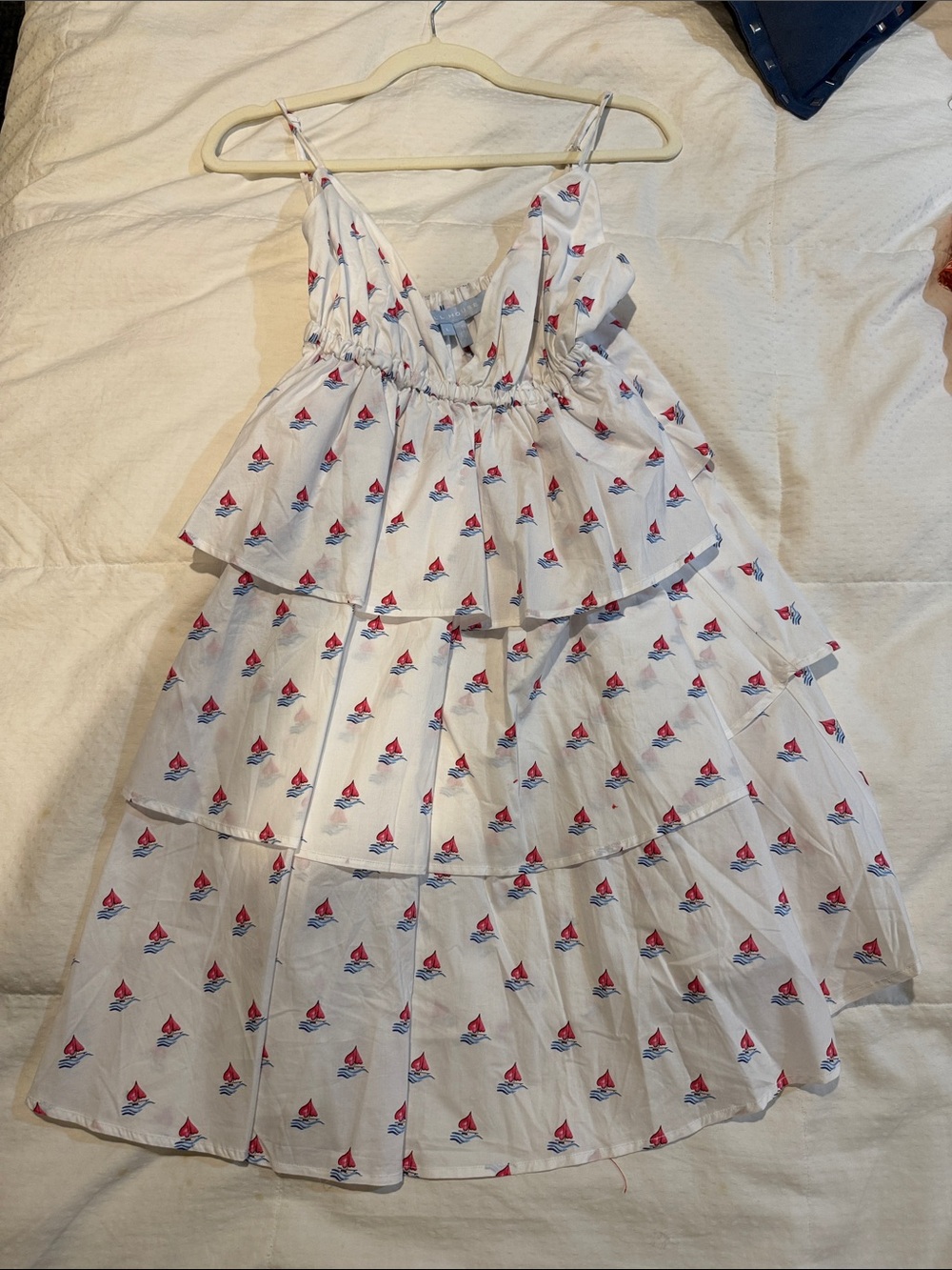 Hill House White Tiered Sundress with Red Sailboat Print